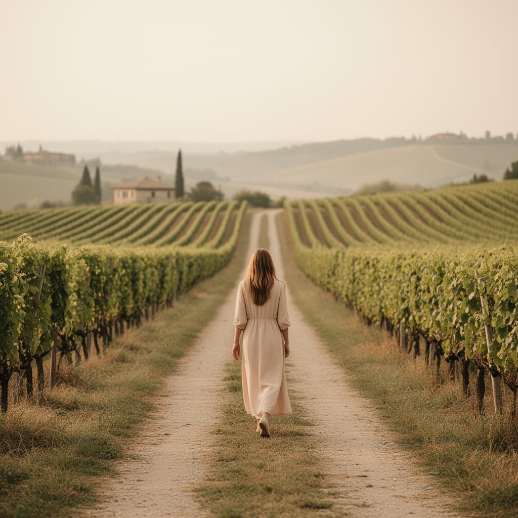 Donna che cammina tra i vigneti delle Langhe